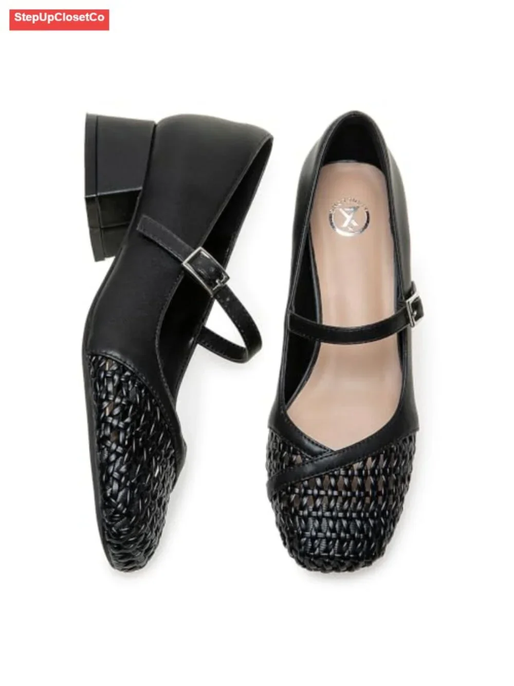 Women's Mary Jane Pumps Woven Toe Low Block Heel Dress Shoes